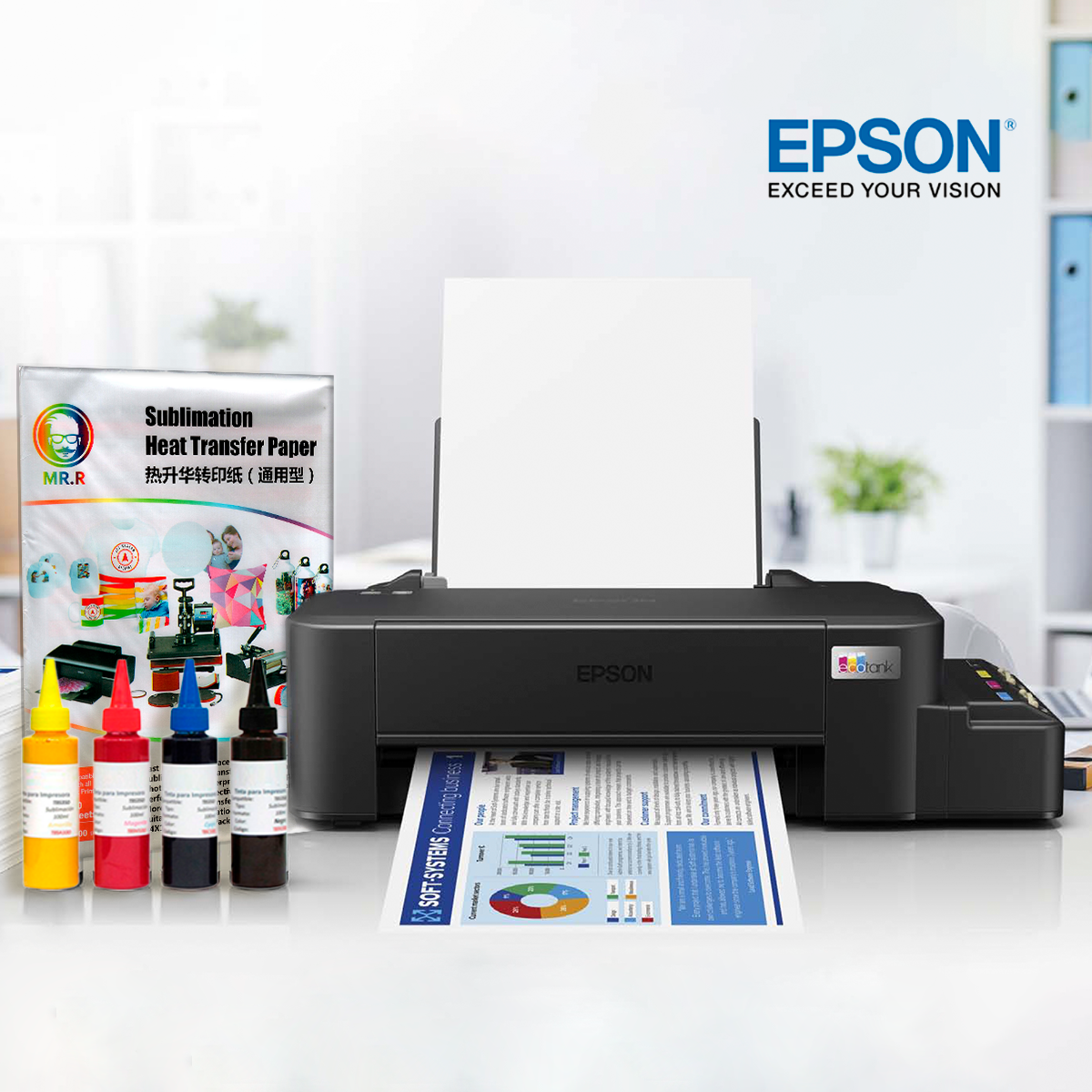 Pack Sublimación Impresora Epson L121+Tintas+Papel